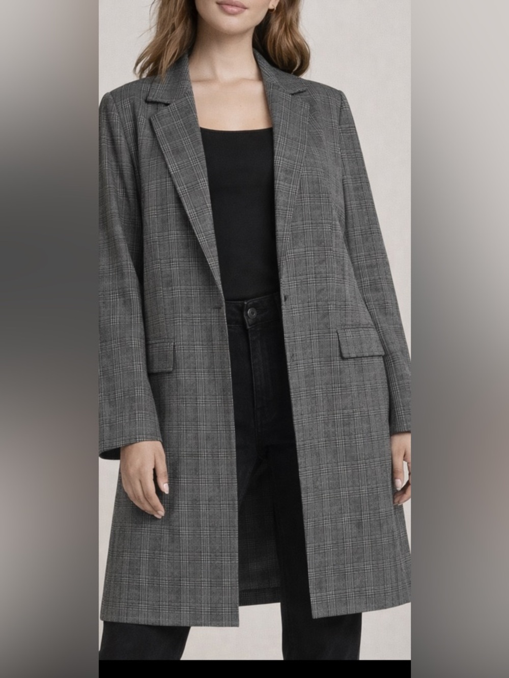 Adrianna Papell Long Plaid Blazer Womens M Office Career Jacket Chic